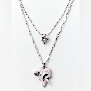 Enamel rose heart charm layered necklace